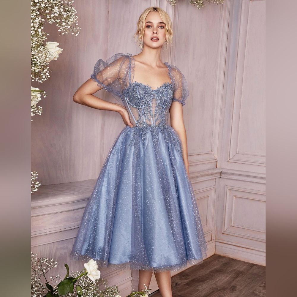 Cinderella Divine Dusty Blue Dress with Puff Sleeves - Picture 2 of 5